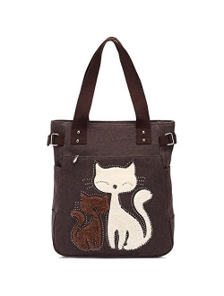 Women Canvas Handbag Kaukko Shoulder Bag Cat Big Tote Bag