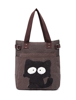 Women Canvas Handbag Kaukko Shoulder Bag Cat Big Tote Bag