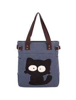 Women Canvas Handbag Kaukko Shoulder Bag Cat Big Tote Bag