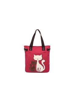 Women Canvas Handbag Kaukko Shoulder Bag Cat Big Tote Bag