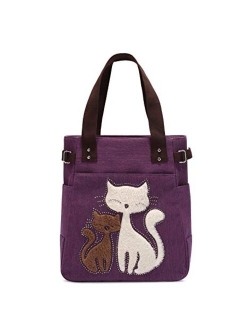 Women Canvas Handbag Kaukko Shoulder Bag Cat Big Tote Bag