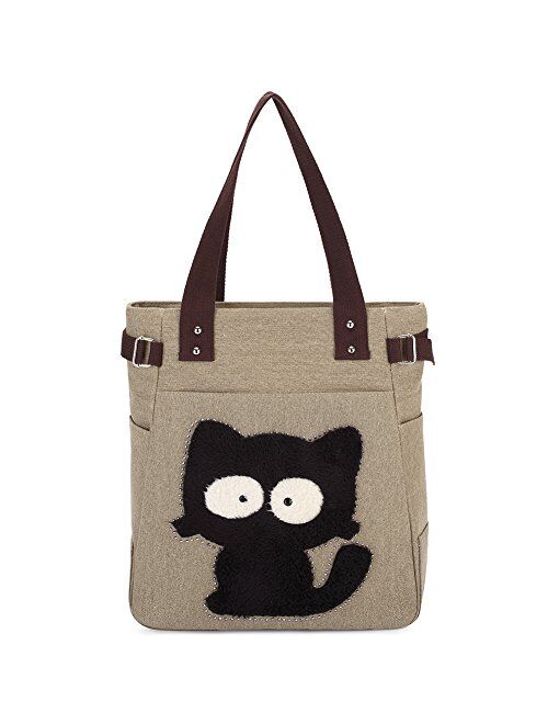 Women Canvas Handbag Kaukko Shoulder Bag Cat Big Tote Bag