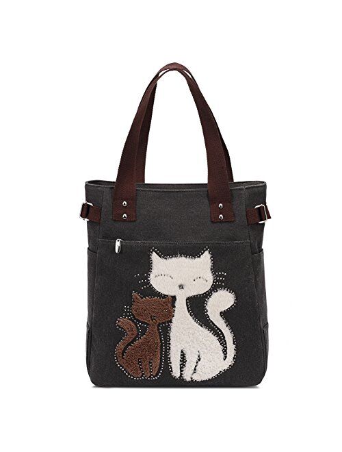 Women Canvas Handbag Kaukko Shoulder Bag Cat Big Tote Bag