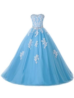 Eldecey Women's Lace Applique Floor Length Tulle Ball Gown Quinceanera Dress