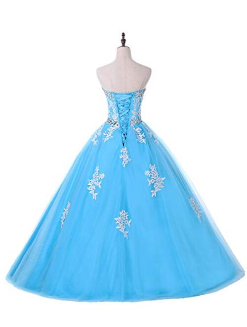 Eldecey Women's Lace Applique Floor Length Tulle Ball Gown Quinceanera Dress