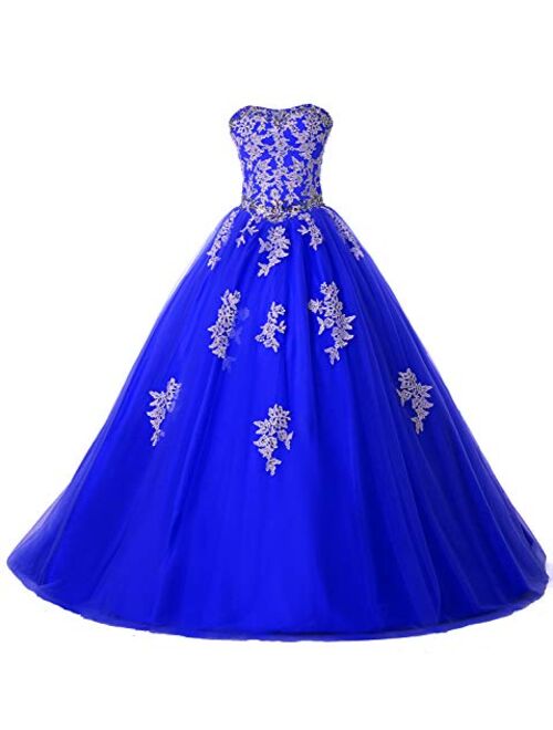 Eldecey Women's Lace Applique Floor Length Tulle Ball Gown Quinceanera Dress