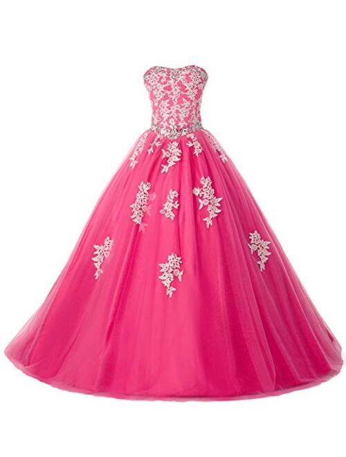 Eldecey Women's Lace Applique Floor Length Tulle Ball Gown Quinceanera Dress