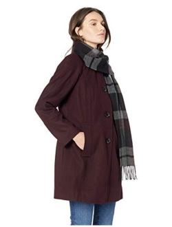 Women's Raglan Thigh Length Button Front Wool Coat with Scarf