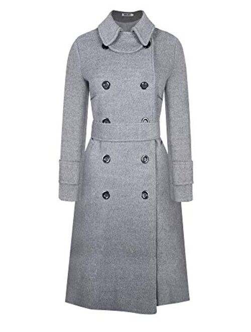 BOJIN Women's Wool Coat Winter Classic Trench Wool Blend Top Pea Coat Double Breasted Long Sleeve with Belt Doll Collar