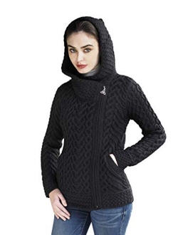 Aran Crafts Women's Cable Knit Comfortable Side Zip Hoodie (100% Merino Wool)