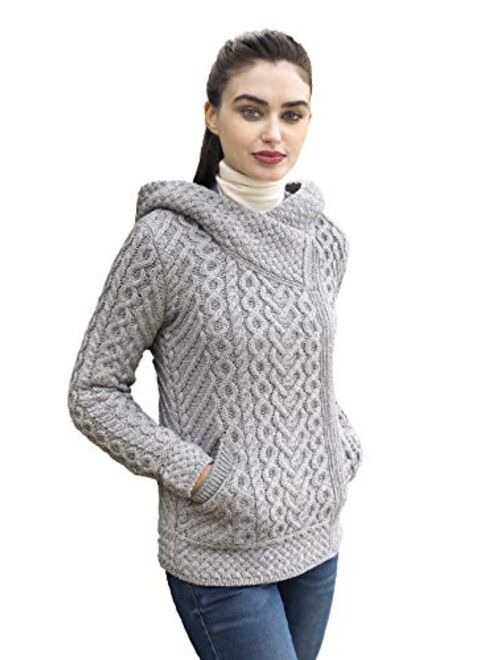 Aran Crafts Women's Cable Knit Comfortable Side Zip Hoodie (100% Merino Wool)