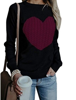 Valphsio Women's Cute Cable Knitted Pullover Sweaters Crewneck Heart Patchwork Jumpers Tops