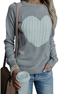 Valphsio Women's Cute Cable Knitted Pullover Sweaters Crewneck Heart Patchwork Jumpers Tops