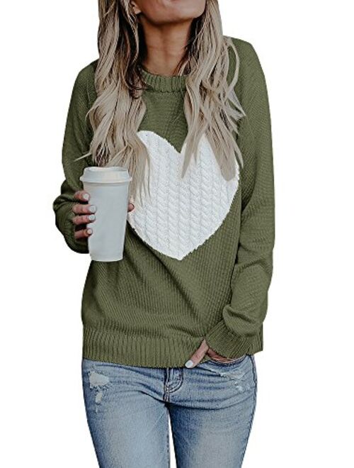 Valphsio Women's Cute Cable Knitted Pullover Sweaters Crewneck Heart Patchwork Jumpers Tops