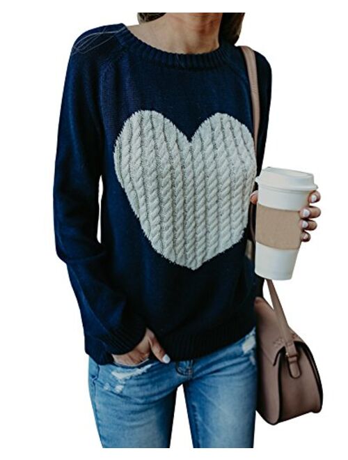 Valphsio Women's Cute Cable Knitted Pullover Sweaters Crewneck Heart Patchwork Jumpers Tops