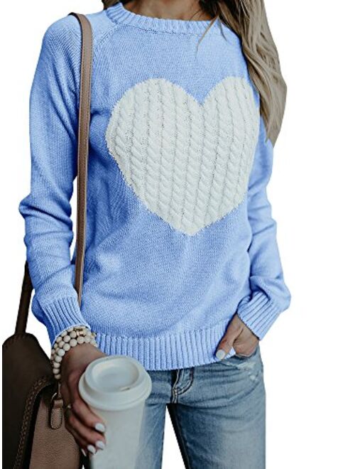 Valphsio Women's Cute Cable Knitted Pullover Sweaters Crewneck Heart Patchwork Jumpers Tops