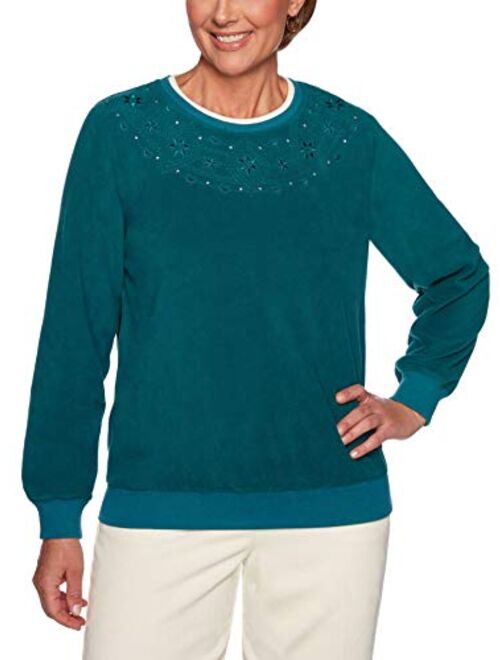 Alfred Dunner Women's Floral Embroidered Anti-Pill Pullover Sweater