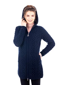 SAOL 100% Merino Wool Women Celtic Zipper Irish Aran Cardigan with Hood