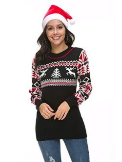 Hanlolo Womens Ugly Christmas Sweater Cute Reindeer Snowflakes Long Sleeve Xmas Holiday Party Knitted Pullover