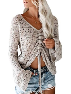 Saodimallsu Womens Boho Off Shoulder Sheer Crop Tops Bell Sleeve Flowy Oversized Crochet Ruched Pullover Sweaters