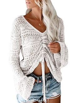 Saodimallsu Womens Boho Off Shoulder Sheer Crop Tops Bell Sleeve Flowy Oversized Crochet Ruched Pullover Sweaters