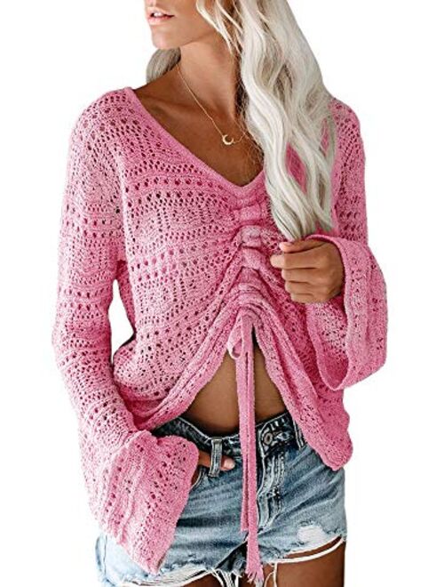 Saodimallsu Womens Boho Off Shoulder Sheer Crop Tops Bell Sleeve Flowy Oversized Crochet Ruched Pullover Sweaters