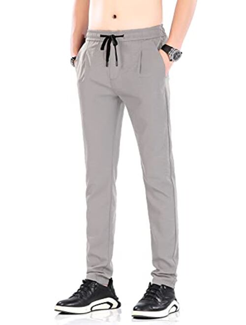 Plaid&Plain Mens Linen Like Seersucker Pants Slim Fit Beach Pants with Drawstring