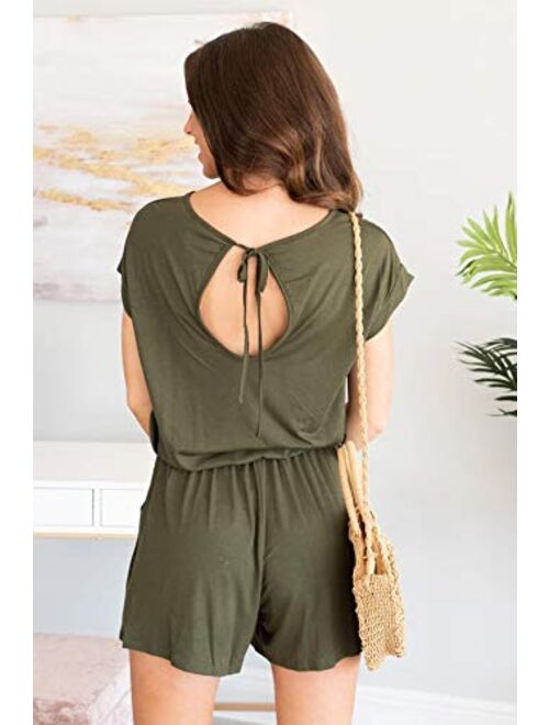 Dretasy Women Casual Short Sleeve Summer Beach Romper Round Neck Elastic Waist Shorts Jumpsuit with Pockets