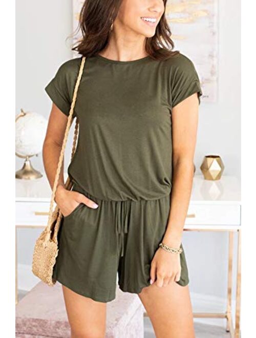 Dretasy Women Casual Short Sleeve Summer Beach Romper Round Neck Elastic Waist Shorts Jumpsuit with Pockets