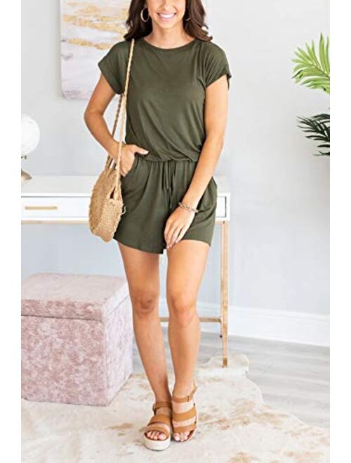 Dretasy Women Casual Short Sleeve Summer Beach Romper Round Neck Elastic Waist Shorts Jumpsuit with Pockets