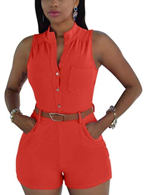 XXTAXN Women's Sexy V Neck Rompers One Piece Short Jumpsuit with Belt and Pockets