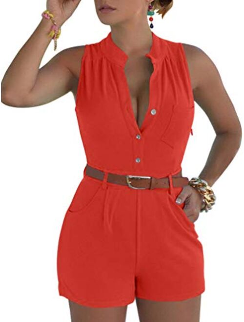 XXTAXN Women's Sexy V Neck Rompers One Piece Short Jumpsuit with Belt and Pockets