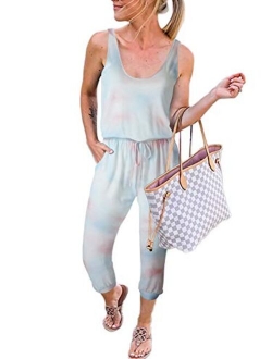 MILLCHIC Women's Tie Dye Sleeveless Jumpsuits Elastic Waist Beam Foot Casual Rompers with Pockets