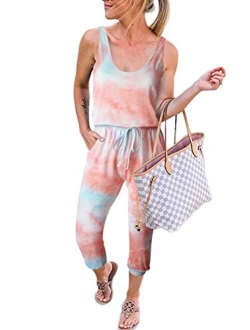 MILLCHIC Women's Tie Dye Sleeveless Jumpsuits Elastic Waist Beam Foot Casual Rompers with Pockets