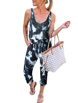 MILLCHIC Women's Tie Dye Sleeveless Jumpsuits Elastic Waist Beam Foot Casual Rompers with Pockets