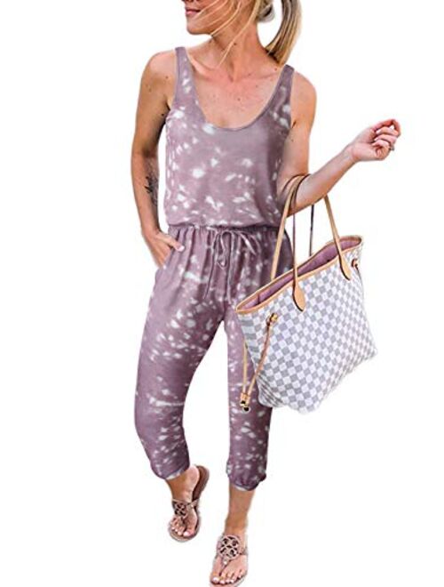 MILLCHIC Women's Tie Dye Sleeveless Jumpsuits Elastic Waist Beam Foot Casual Rompers with Pockets