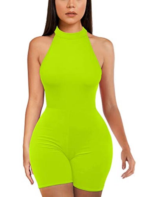 BEAGIMEG Women's High Neck Sleeveless Short Jumpsuit Bodycon Party Romper