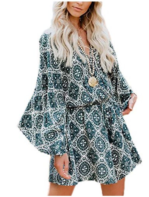 Relipop Women's Jumpsuit Floral Print Deep V Neck Long Baggy Sleeve Loose Rompers with Drawstring