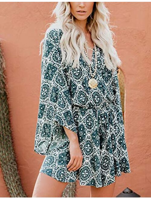 Relipop Women's Jumpsuit Floral Print Deep V Neck Long Baggy Sleeve Loose Rompers with Drawstring