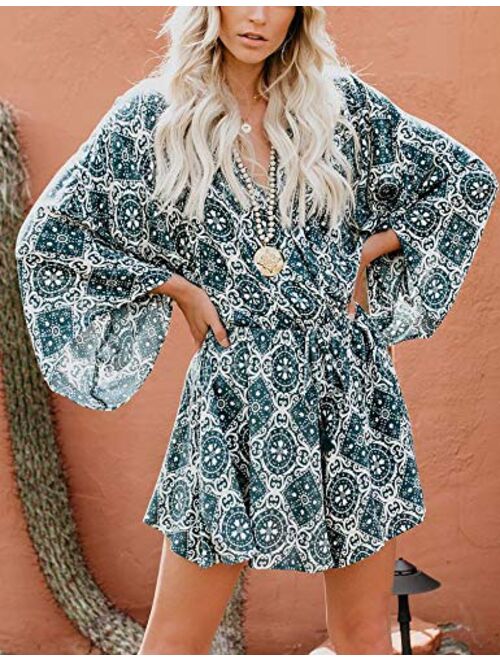 Relipop Women's Jumpsuit Floral Print Deep V Neck Long Baggy Sleeve Loose Rompers with Drawstring