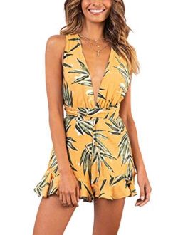 CHIC DIARY Women Floral Print V Neck Romper Summer Beach Sexy Boho Sleeveless Jumpsuit Playsuit Short