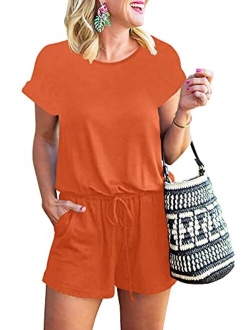 Women Jumpsuits Summer Loose Deep V Neck Short Sleeve Elastic Waist Romper Playsuits with Pockets