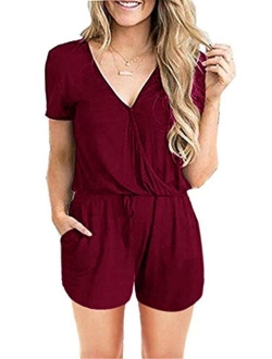 Women Jumpsuits Summer Loose Deep V Neck Short Sleeve Elastic Waist Romper Playsuits with Pockets