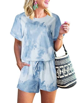 Women Jumpsuits Summer Loose Deep V Neck Short Sleeve Elastic Waist Romper Playsuits with Pockets