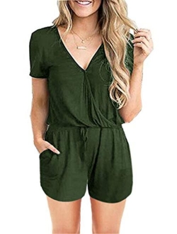 Women Jumpsuits Summer Loose Deep V Neck Short Sleeve Elastic Waist Romper Playsuits with Pockets