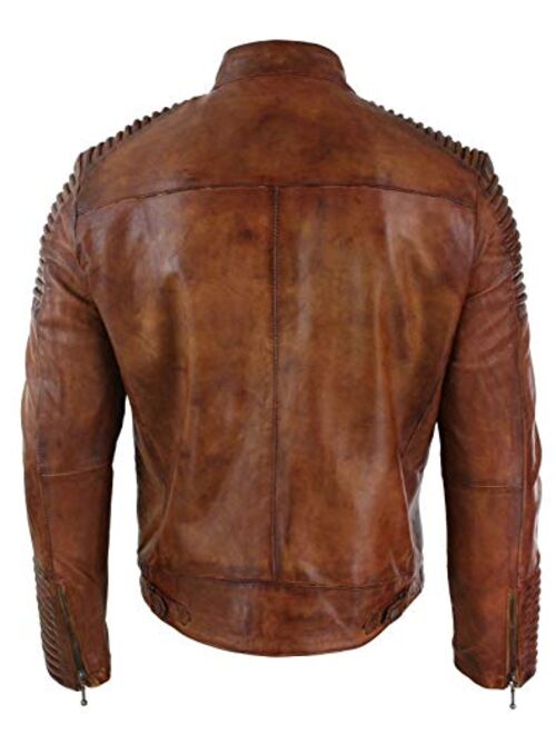 Men's Leather Jacket Motorcycle Bomber Biker Real Lambskin Leather Distress Brown Vintage Jacket for Men