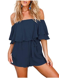 Chunoy Women Casual Short Sleeve Playsuit Off Shoulder Romper with Waistband