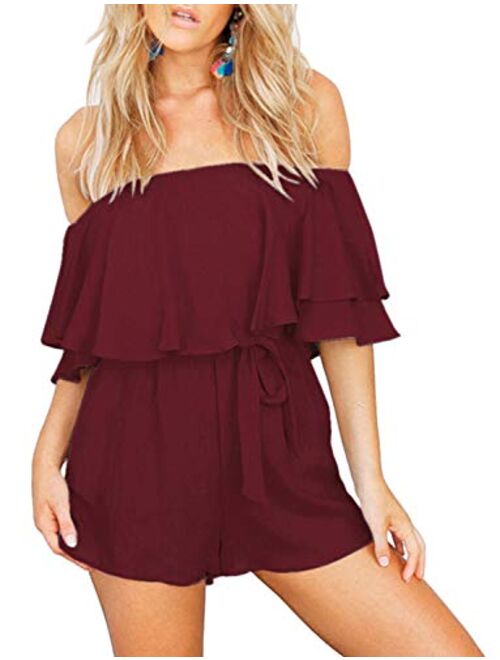 Chunoy Women Casual Short Sleeve Playsuit Off Shoulder Romper with Waistband