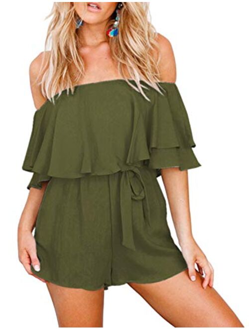 Chunoy Women Casual Short Sleeve Playsuit Off Shoulder Romper with Waistband