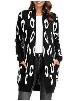 Essential Leopard Print Open Front Long Knitted Cardigan Sweater for Women